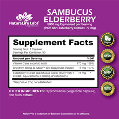 Supplement facts panel showing 5,000 mg elderberry extract per serving