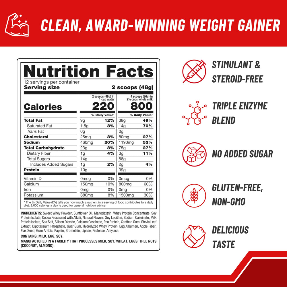 Close-up of Naturade Weight Gain chocolate nutrition label