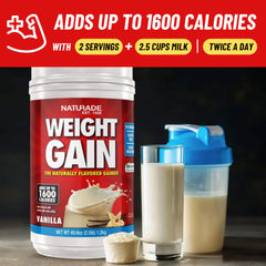 Flat lay of Naturade Vanilla weight gain powder with scoop