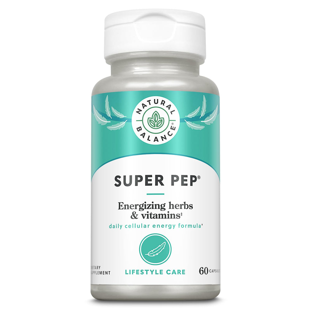 Natural Balance Super Pep bottle on a desk for all-day herbal energy support.