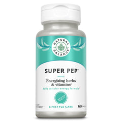 Natural Balance Super Pep bottle on a desk for all-day herbal energy support.