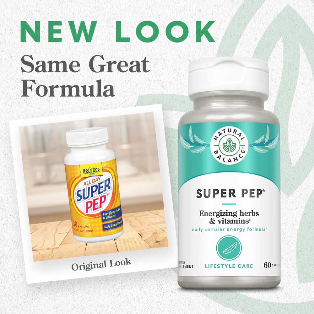Close-up of Natural Balance Super Pep capsules showing daily vitality use.