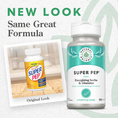 Close-up of Natural Balance Super Pep capsules showing daily vitality use.