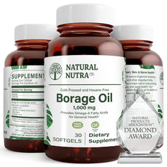 Natural Borage Oil supplement bottle in amber glass with 30 soft gels