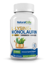 Bottle of Natural Cure Labs L-Lysine plus Monolaurin 600mg 1:1 ratio