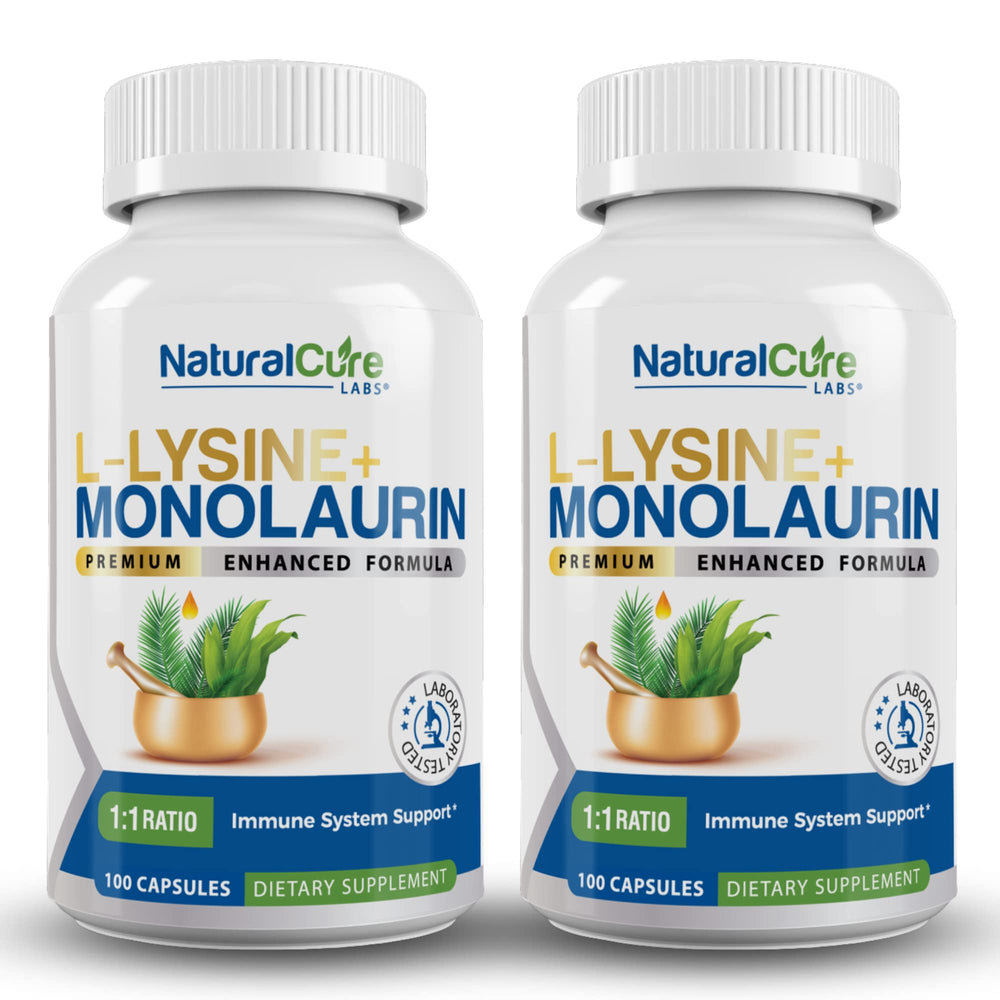 Front of Natural Cure Labs L-Lysine + Monolaurin bottle – 200 capsules