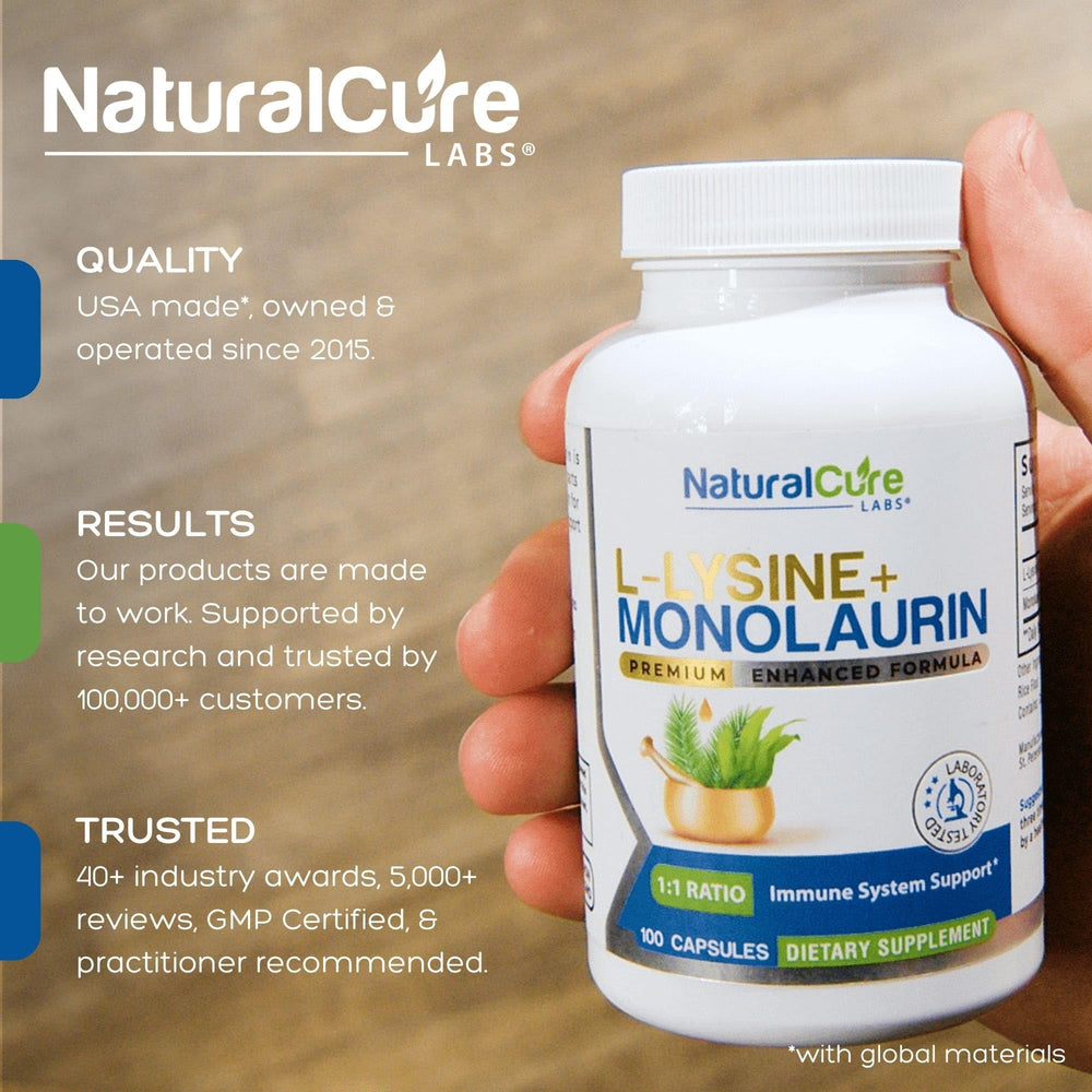 Close-up of product label showing 600mg L-Lysine and Monolaurin per serving