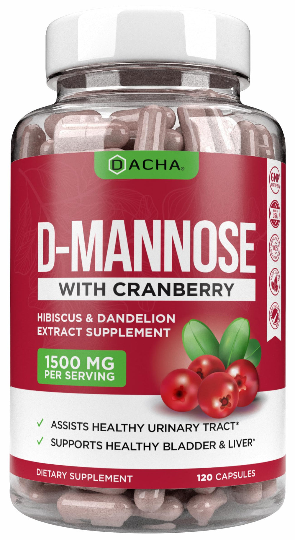 Bottle of Natural D-Mannose Capsules 4-in-1 formula with cranberry, hibiscus, and dandelion ingredients