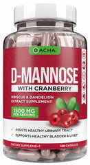 Bottle of Natural D-Mannose Capsules 4-in-1 formula with cranberry, hibiscus, and dandelion ingredients