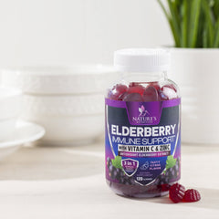 Side view of the bottle with elderberry gummies
