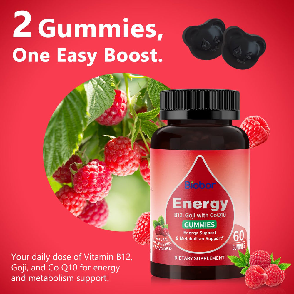 Vitamin B12, Goji, CoQ10 ingredients graphic for energy gummies
