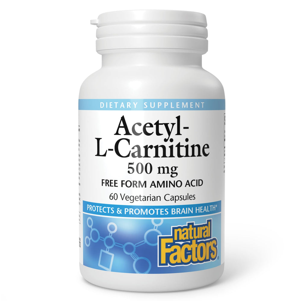 Front view of Natural Factors Acetyl L-Carnitine 500 mg bottle, 60 vegetarian capsules