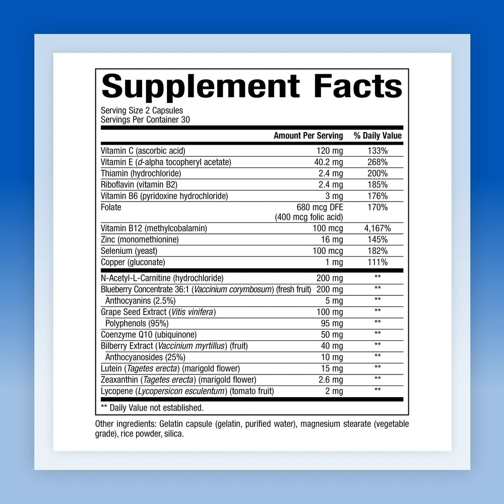 Close-up of supplement facts showing lutein 7.5 mg and zeaxanthin 1.3 mg