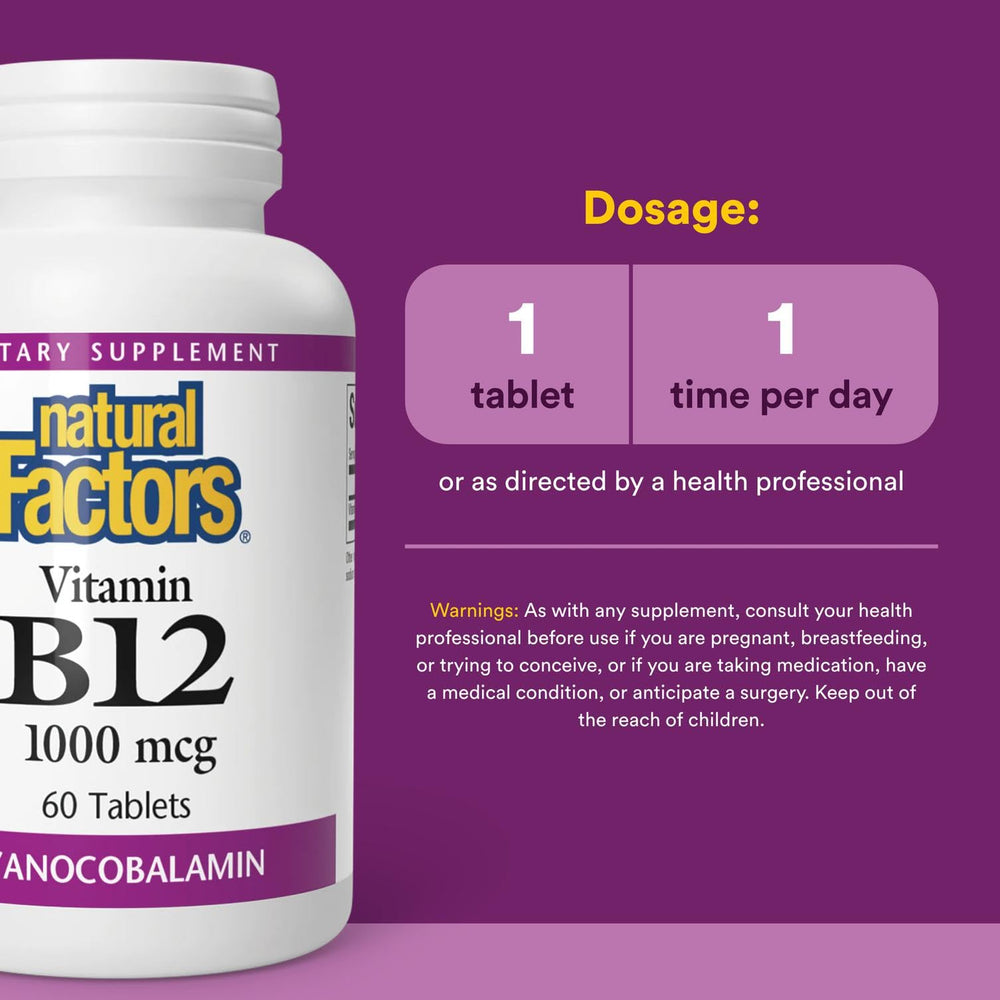 Front view of Natural Factors B12 bottle on white background