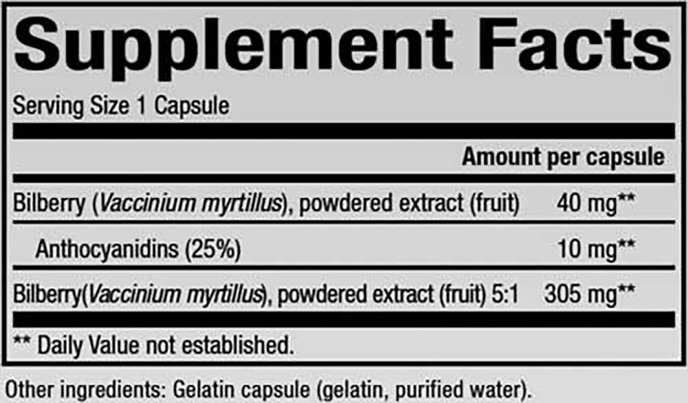 Bottle of Natural Factors Bilberry supplement with 60 capsules and 25% anthocyanidins label