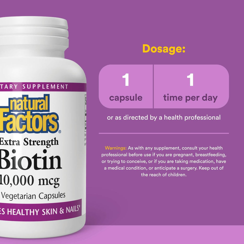Close-up of Natural Factors Biotin 10000 mcg label