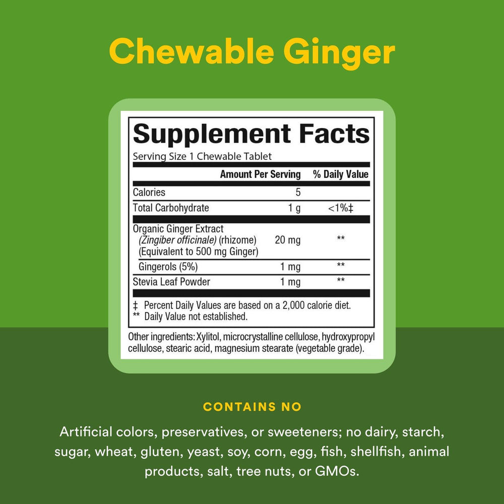 Ginger root with chewable tablets arranged nearby