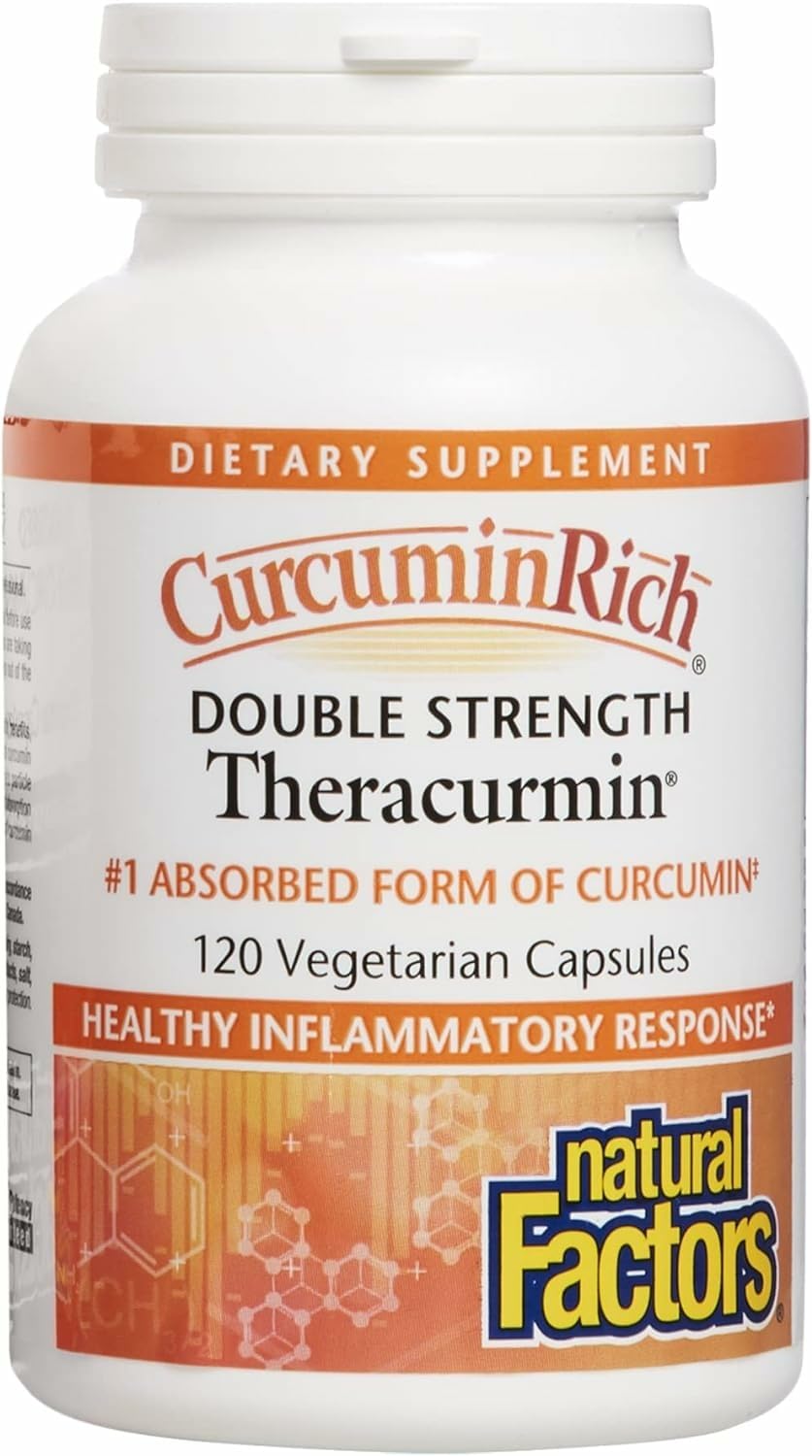 Natural Factors CurcuminRich Theracurmin bottle and capsules on white background