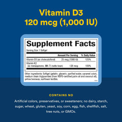Supplement facts panel showing D3 1000 IU and K2 120 mcg