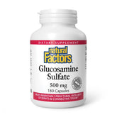 Bottle of Natural Factors Glucosamine Sulfate 180 capsules on white background