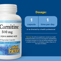 Natural Factors L-Carnitine 500mg capsules close-up, clean ingredients