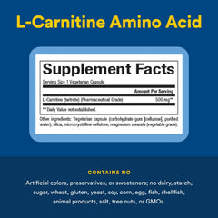 Natural Factors L-Carnitine 500mg ingredients panel, fermentation-based quality