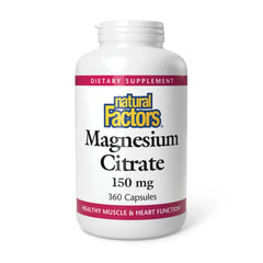 Front view of Natural Factors Magnesium Citrate 150 mg 360 capsules bottle