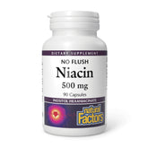 Bottle of Natural Factors No Flush Niacin 500 mg - 90 tablets with front label