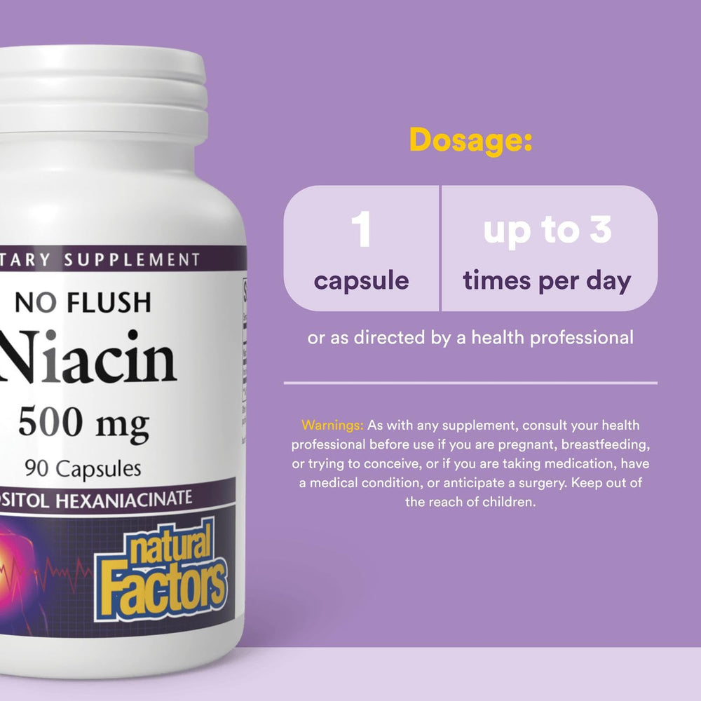 Natural Factors No Flush Niacin 500 mg packaging with bottle and box