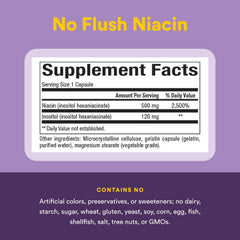 Sealed bottle of No Flush Niacin 500 mg 90 tablets on a neutral background