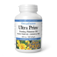 Bottle of Natural Factors Omega Factors Ultra Prim Evening Primrose Oil 500 mg with 180 softgels