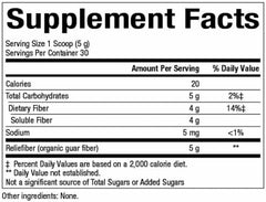 Reliefiber powder 150 g back label with nutrition and certifications