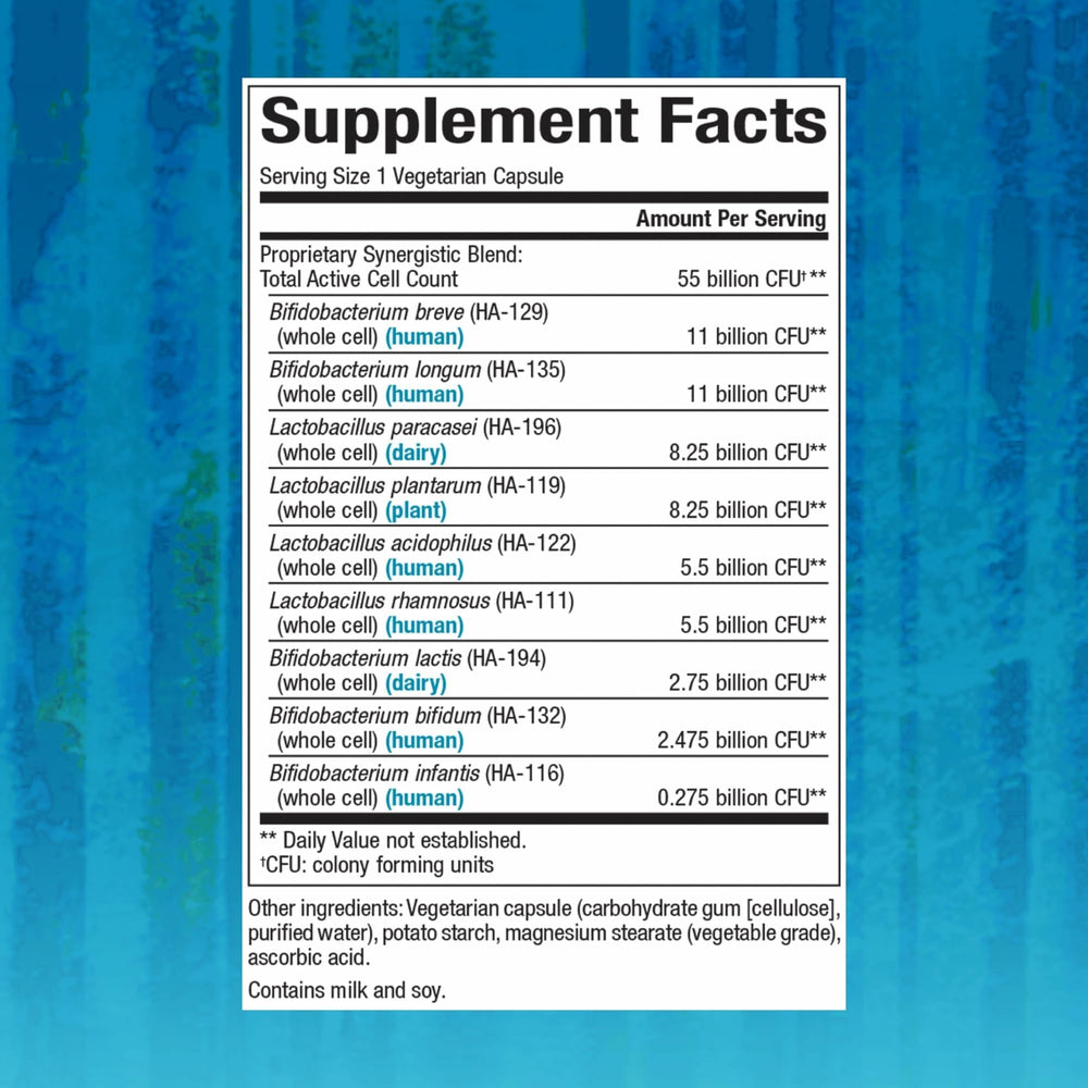 Close-up of probiotic capsules displaying 55 Billion CFU