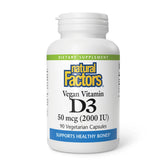 Front view of Natural Factors Vegan Vitamin D3 2000 IU bottle