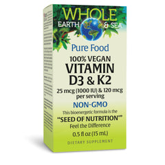 Natural Factors Whole Earth & Sea vegan Vitamin D3 & K2 bottle with 60 capsules
