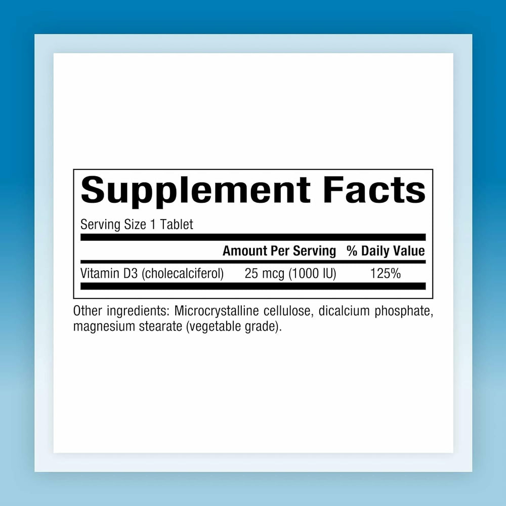 Close-up of Natural Factors Vitamin D3 1000 IU 180 tablets label