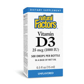 Natural Factors Vitamin D3 1000 IU liquid drops bottle on white background