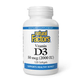 Bottle of Natural Factors Vitamin D3 2000 IU 120 softgels on white background