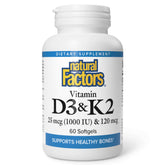 Bottle of Natural Factors Vitamin D3 & K2 1000 IU / 120 mcg softgels
