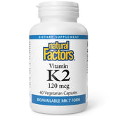 Bottle of Natural Factors Vitamin K2 120 mcg on white background