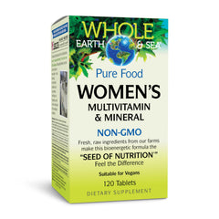 Front of Natural Factors Whole Earth & Sea Women’s Multivitamin 120 Tabs bottle with label