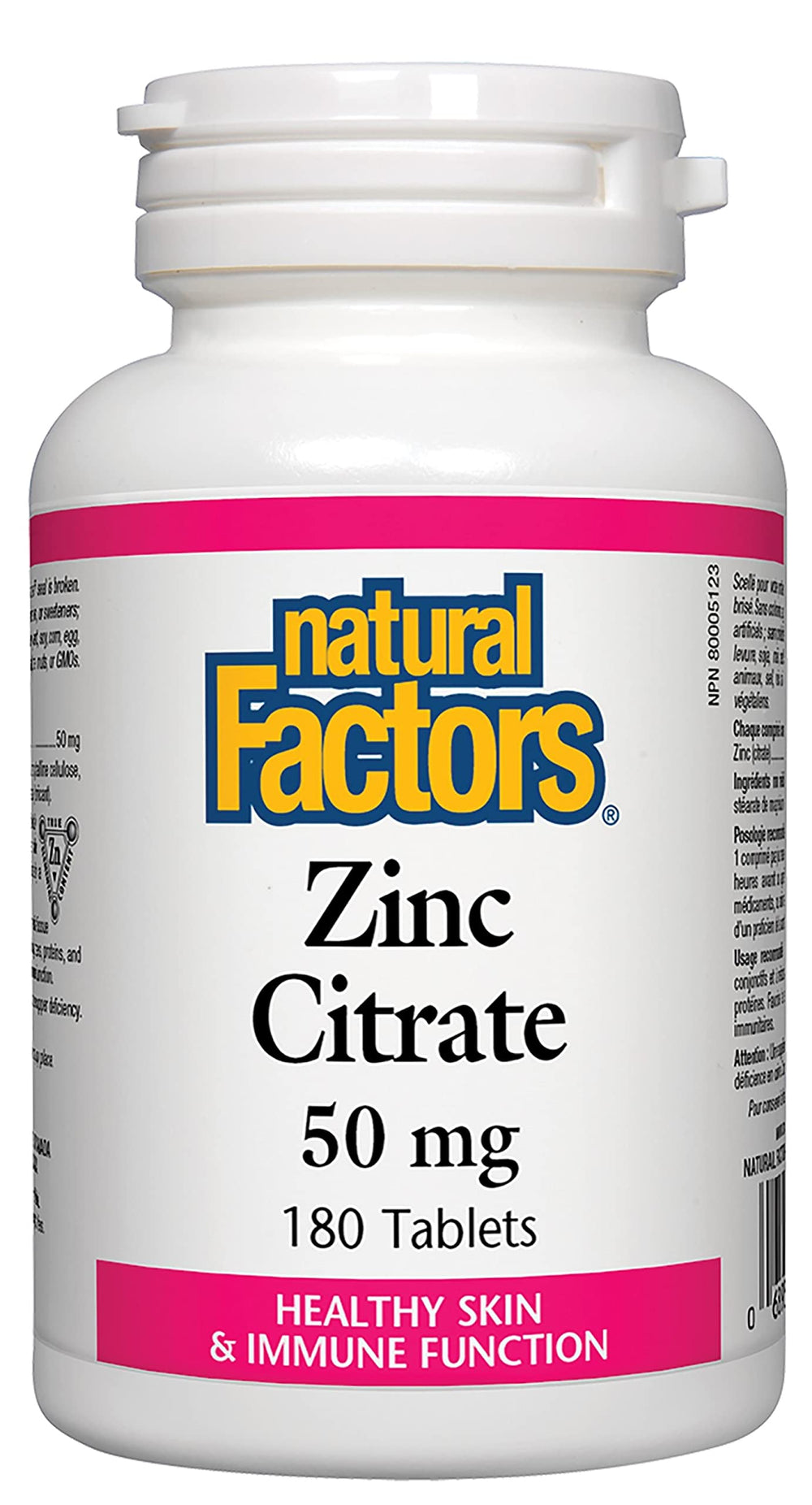 Natural Factors Zinc Citrate 50mg bottle with 180 tablets