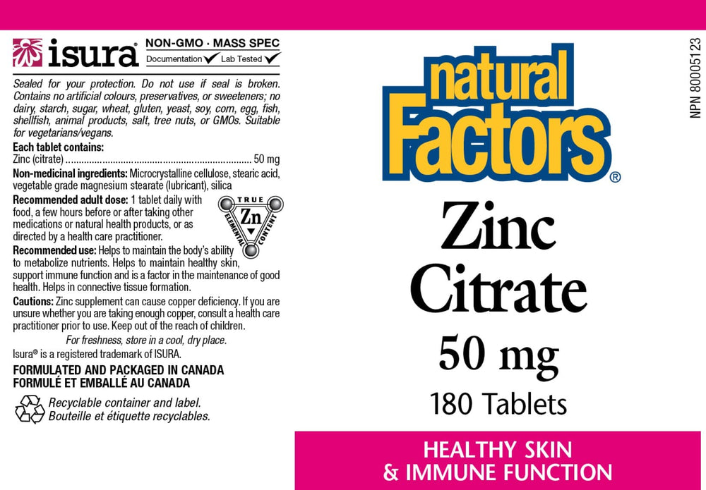 Close-up of Zinc Citrate 50mg bottle label
