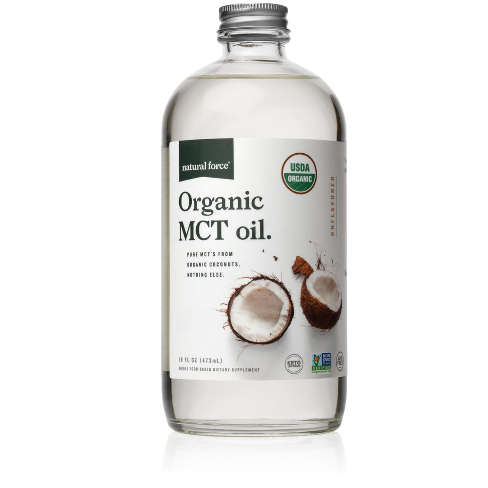 Natural Force Organic MCT Oil in a 16 oz pure glass bottle
