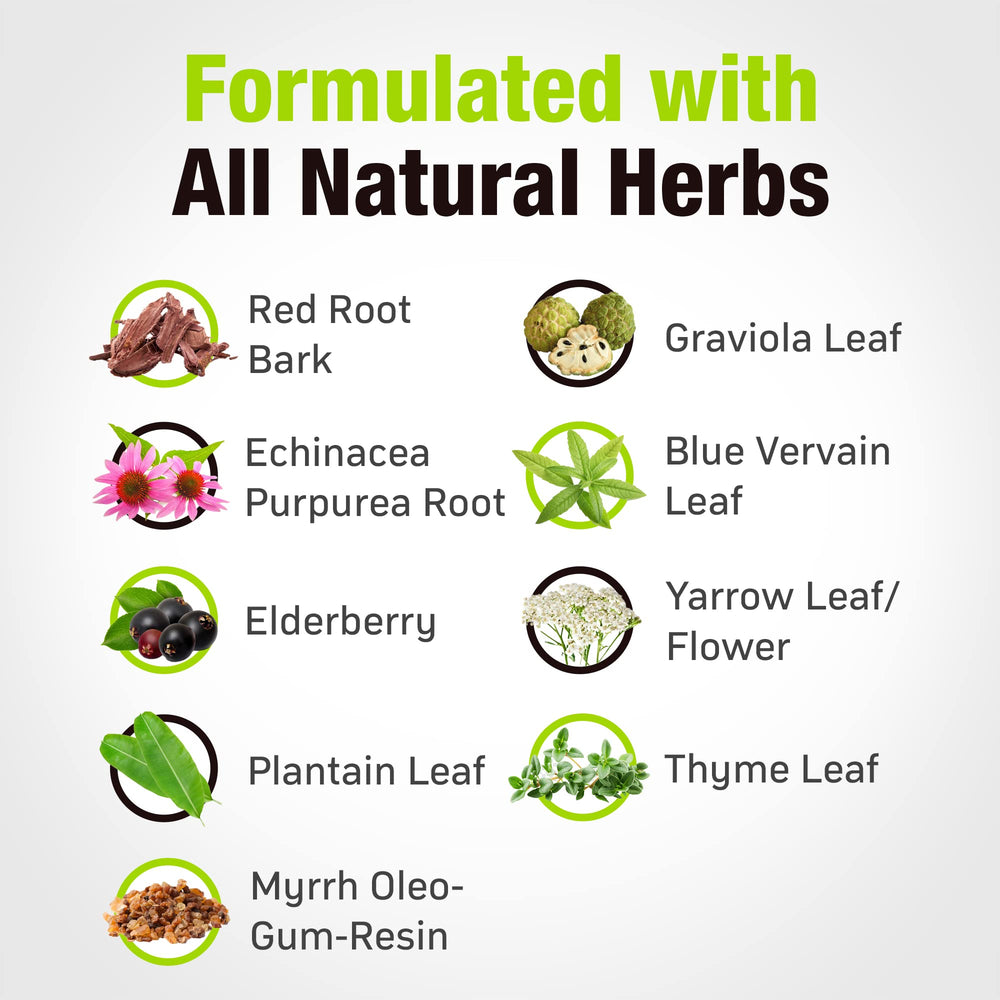 All-natural ingredients blend including red root bark, echinacea, and elderberry