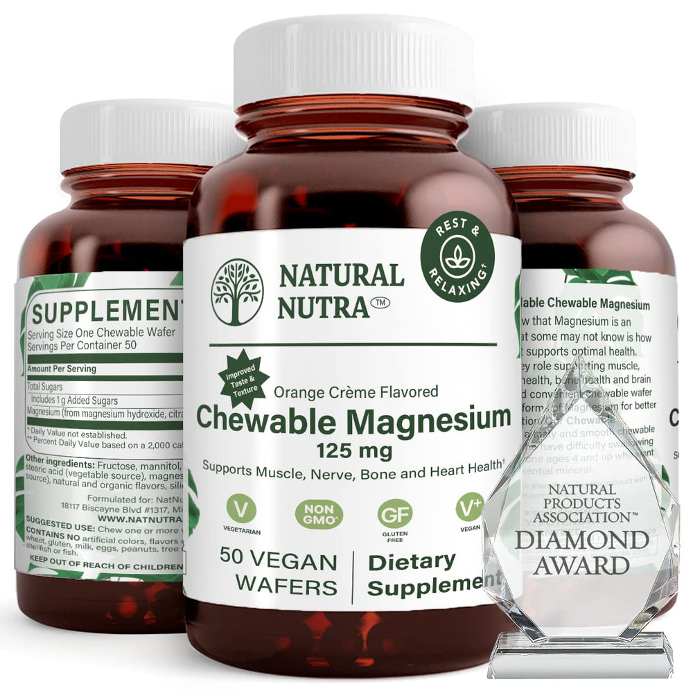 Front view of Natural Nutra Magnesium Chewables bottle with 50 vegan wafers