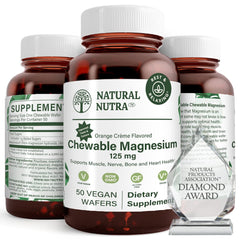 Front view of Natural Nutra Magnesium Chewables bottle with 50 vegan wafers