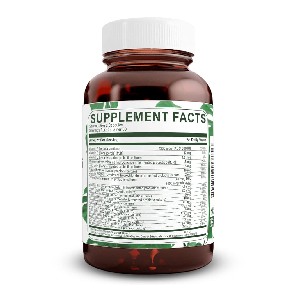 Vegan multivitamin for women and men with ingredients illustration