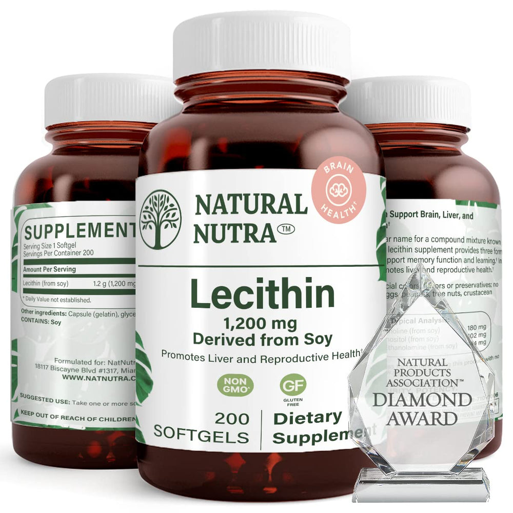 Bottle of Natural Nutra Soy Lecithin 1200 mg dietary supplement