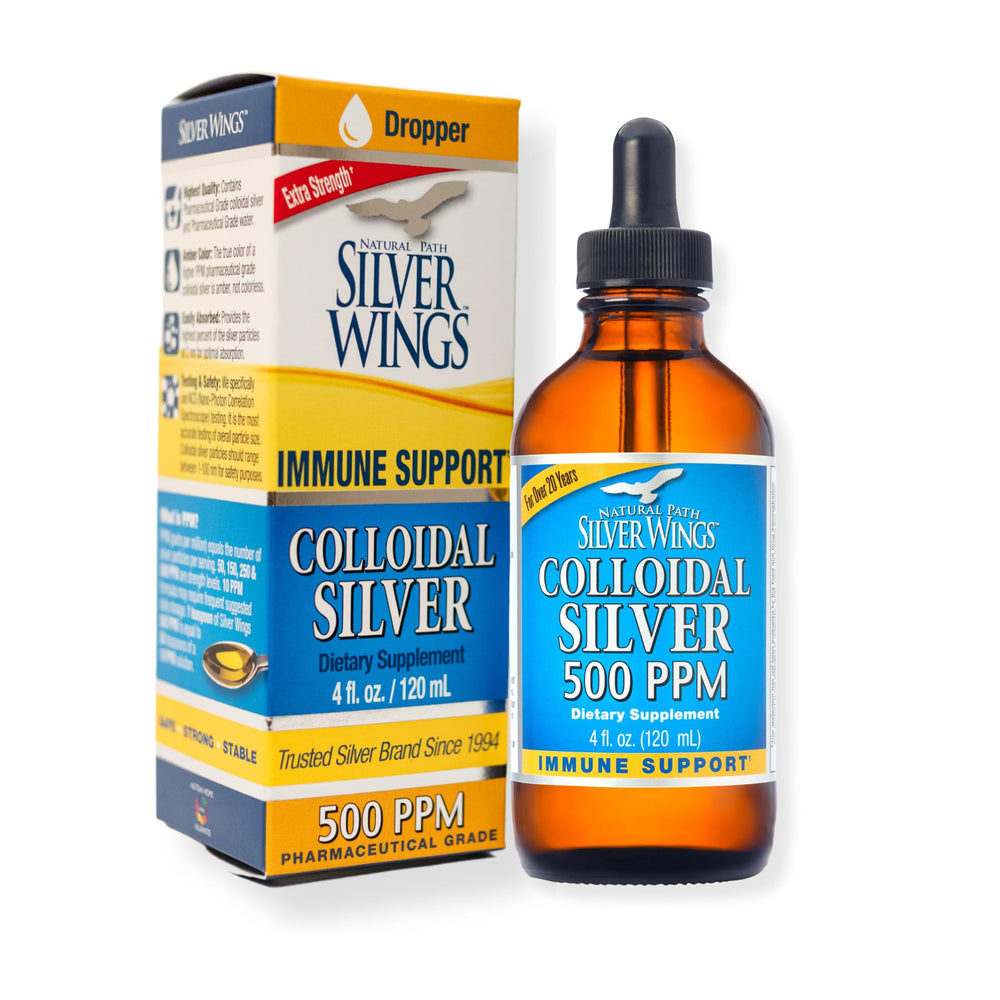 Amber glass bottle of Natural Path Silver Wings Colloidal Silver 500 ppm, 4 oz (120 ml)